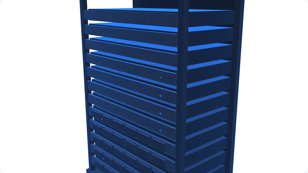 Rendu 3D conceptuel d’une baie de serveurs et de stockage.