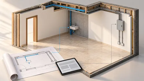 Sezione concettuale con spazio, acqua, quadro elettrico e documentazione digitale.